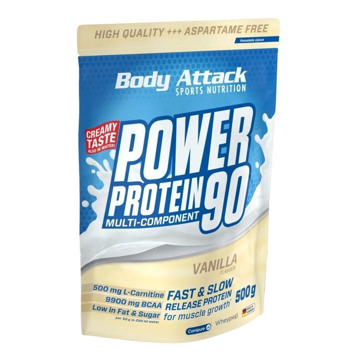 Daugiakomponenčiai baltymų milteliai Body Attack Power Protein 90 500 g, vanilės skonio