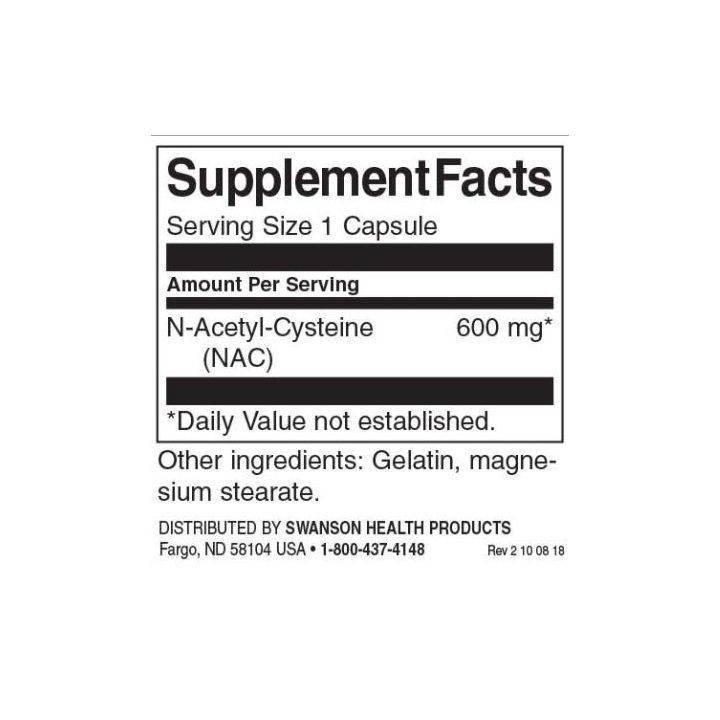N-acetilcisteino kapsulės Swanson 100 kapsulių, 600 mg