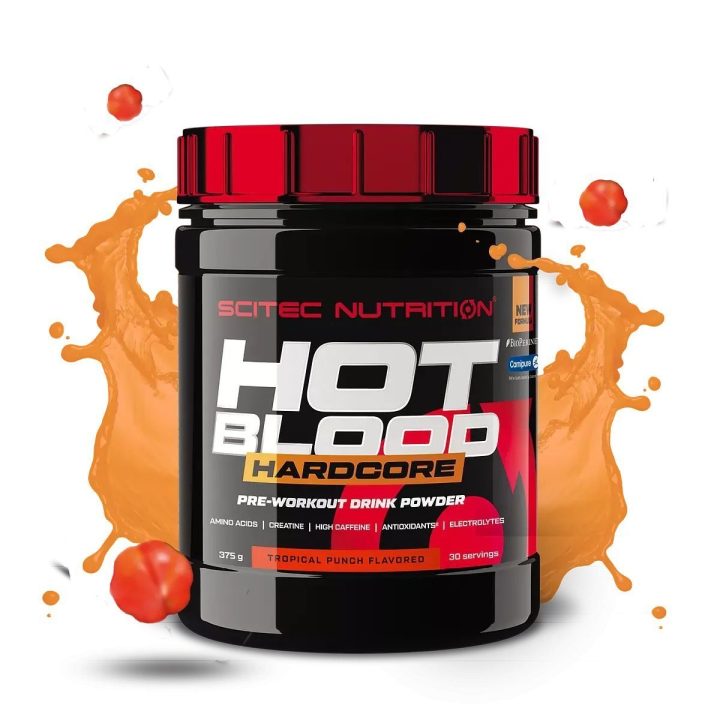 Treniruočių booster Scitec Hot Blood Hardcore 375 g, tropinių vaisių skonio