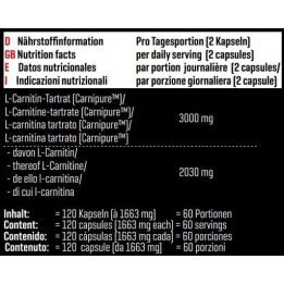 L-karnitino tartrato kapsulės Body Attack Carnipure 1500, 120 kapsulių