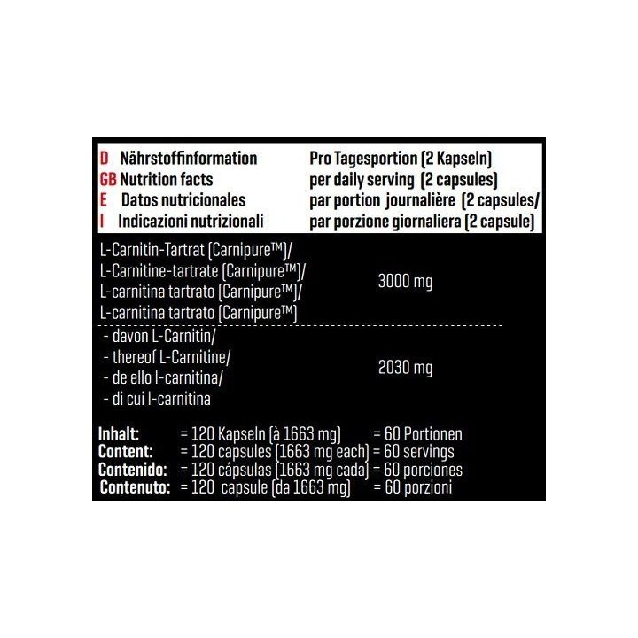 L-karnitino tartrato kapsulės Body Attack Carnipure 1500, 120 kapsulių