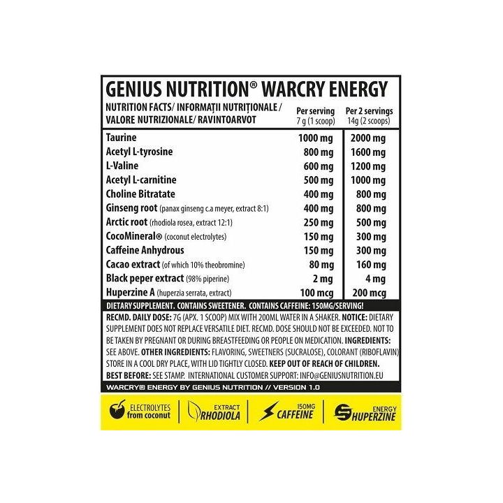 Pre-workout milteliai Genius Nutrition Warcry Energy 300 g, rūgštaus arbūzo skonio