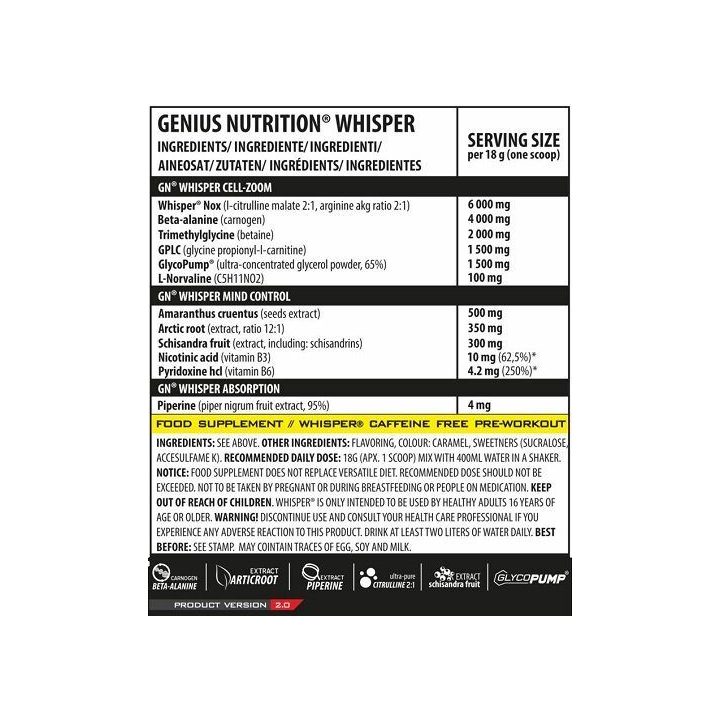 Pre-workout treniruočių booster Genius Nutrition Whisper 400 g