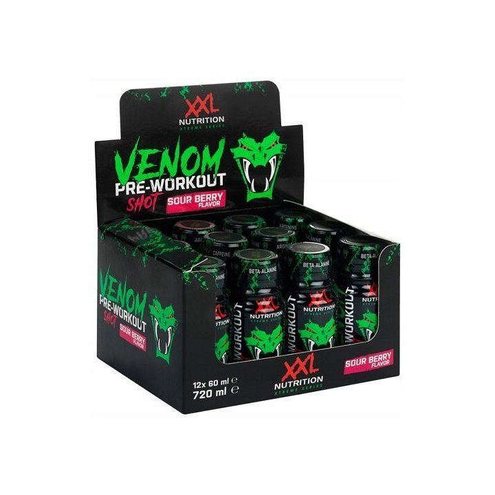 Pre-workout shot XXL Nutrition Venom 12 × 60 ml, rūgščių uogų skonio