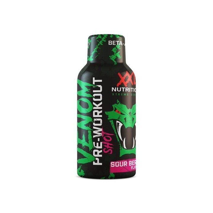 Pre-workout shot XXL Nutrition Venom 12 × 60 ml, rūgščių uogų skonio