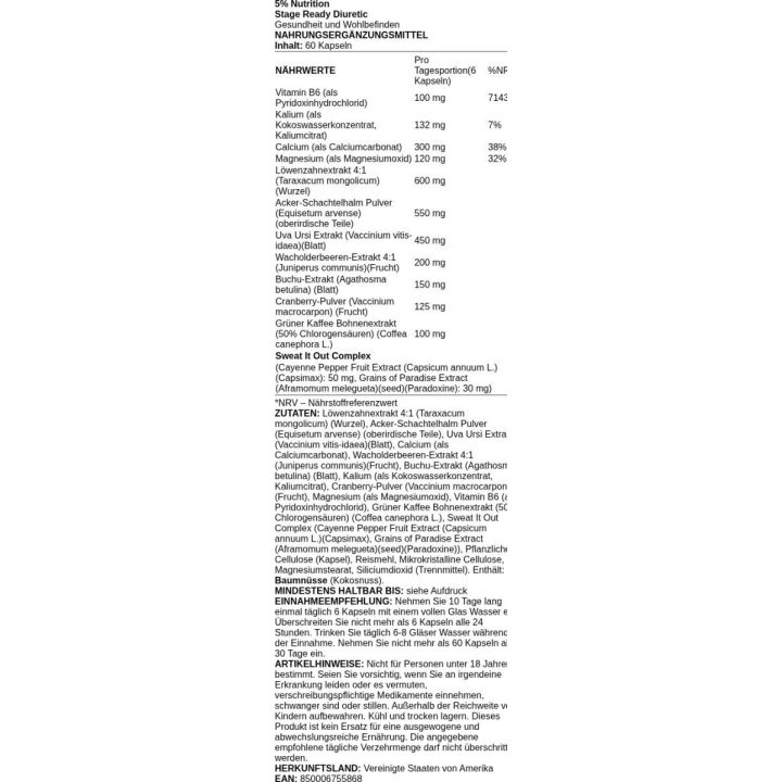 Maisto papildas kapsulėmis 5% Nutrition Stage Ready Diuretic 60 kapsulių