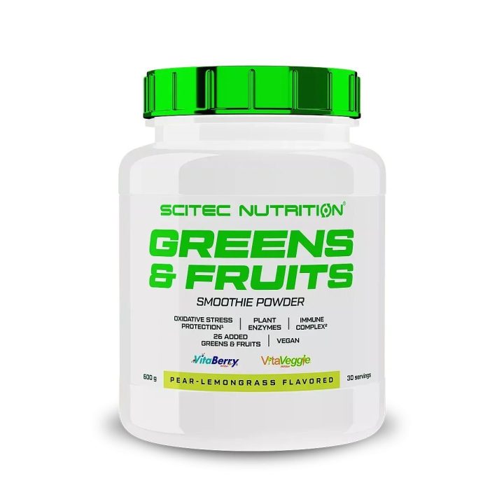 Vitaminų ir mineralų mišinys Scitec Greens & Fruits 600 g, kriaušių ir citrinžolės skonio