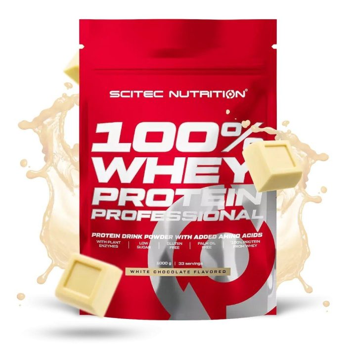 Išrūgų baltymų milteliai Scitec 100% Whey Protein Professional 1000 g, baltojo šokolado skonio
