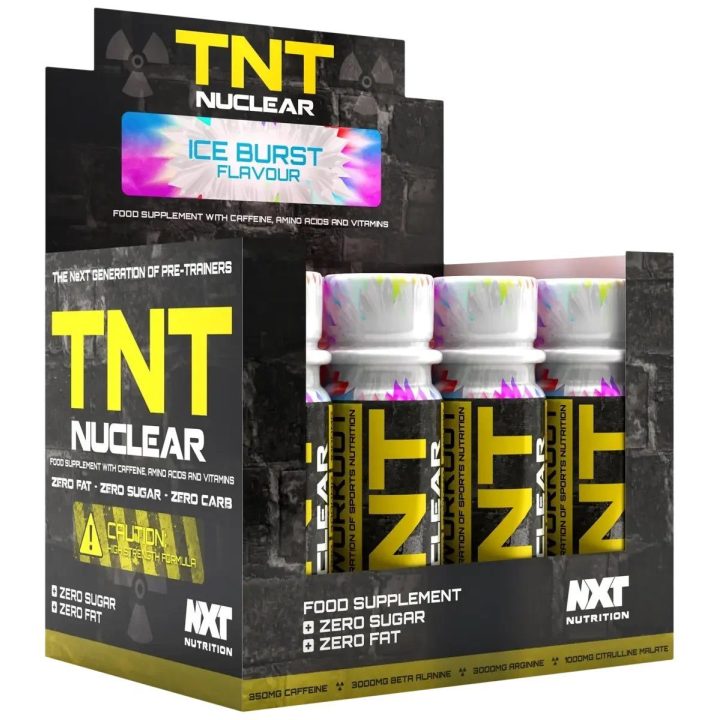 Treniruočių booster shot NXT Nutrition TNT Nuclear Shots 12 × 60 ml, ledinių uogų skonio