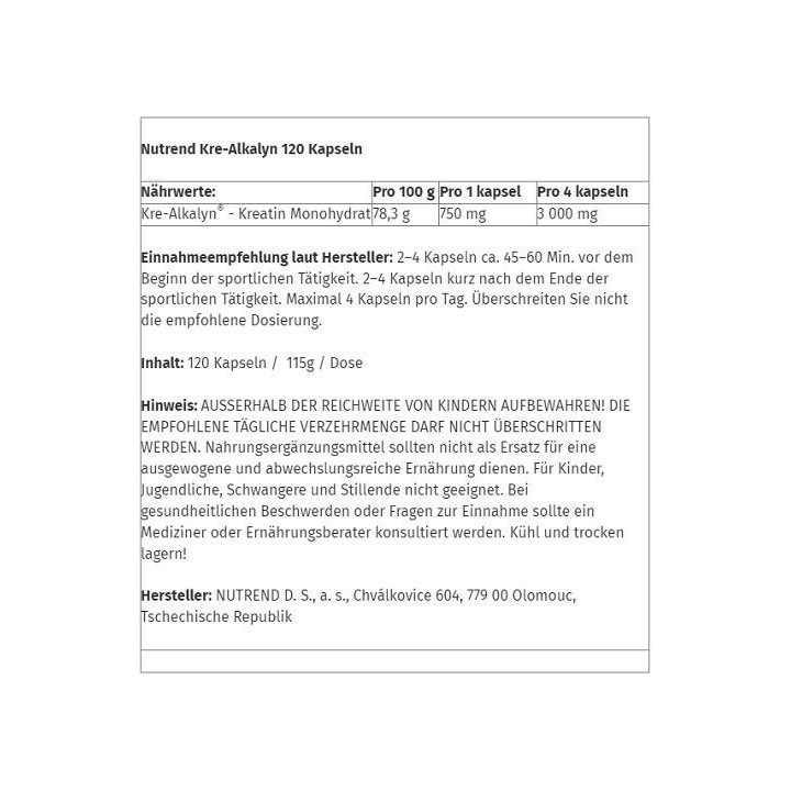 Kreatino monohidrato kapsulės Nutrend Kre-Alkalyn 120 kapsulių