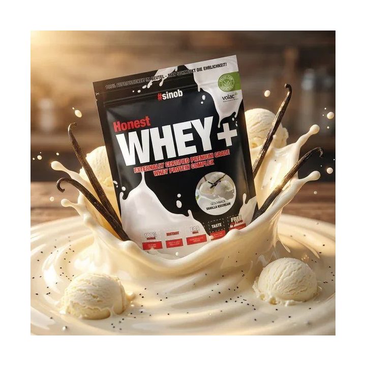 Išrūgų baltymų milteliai Sinob Honest Whey+ 820 g, vanilinių ledų skonio