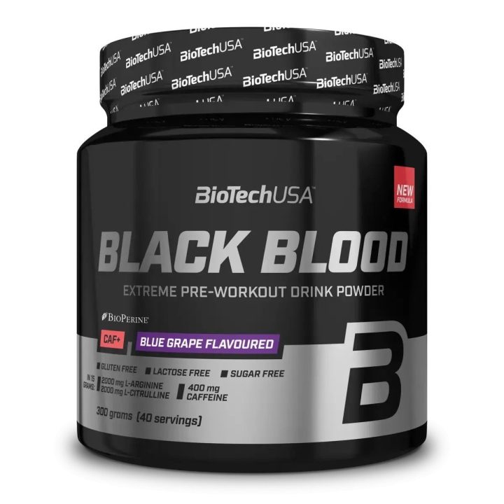 Treniruočių booster BioTechUSA Black Blood CAF+ 300 g, mėlynių vynuogių skonio