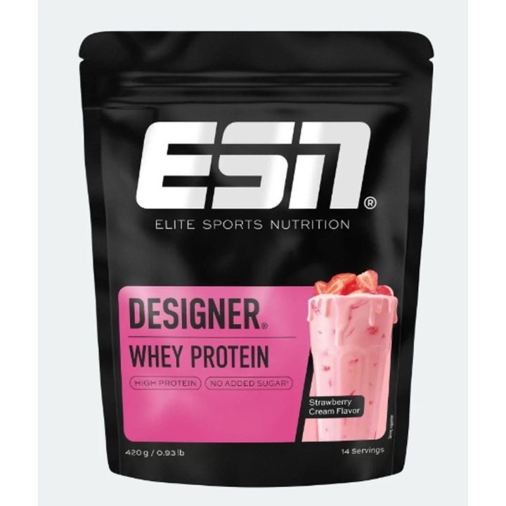 Išrūgų baltymų milteliai ESN Designer Whey 420 g, braškių ir grietinėlės skonio