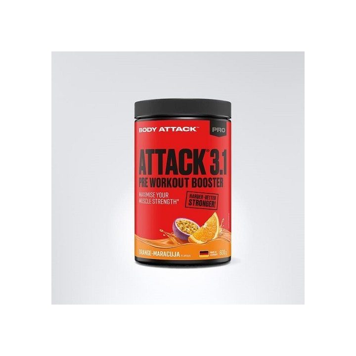 Treniruočių booster Body Attack Pre Attack 3.1 600 g, apelsinų ir marakujų skonio