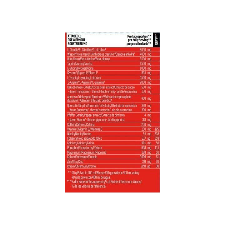 Treniruočių booster Body Attack Pre Attack 3.1 600 g, apelsinų ir marakujų skonio