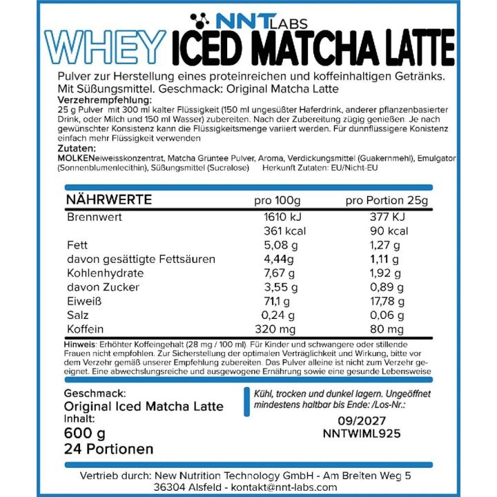 Išrūgų baltymų milteliai NNT Whey Iced Matcha Latte 600 g, vanilinio matcha latte skonio