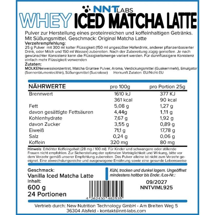 Išrūgų baltymų milteliai NNT Whey Iced Matcha Latte 600 g, vanilinio matcha latte skonio