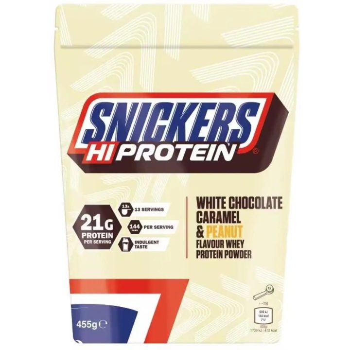 Išrūgų baltymų milteliai Snickers Hi Protein 875 g, baltojo šokolado, karamelės ir žemės riešutų skonio