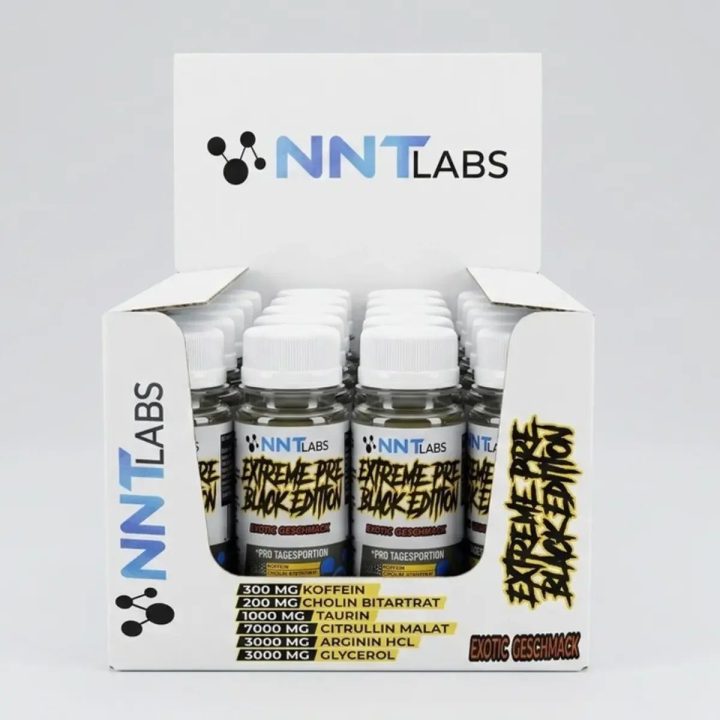 Treniruočių booster shot NNT Labs Extreme Black Edition 20 × 60 ml, egzotinių vaisių skonio