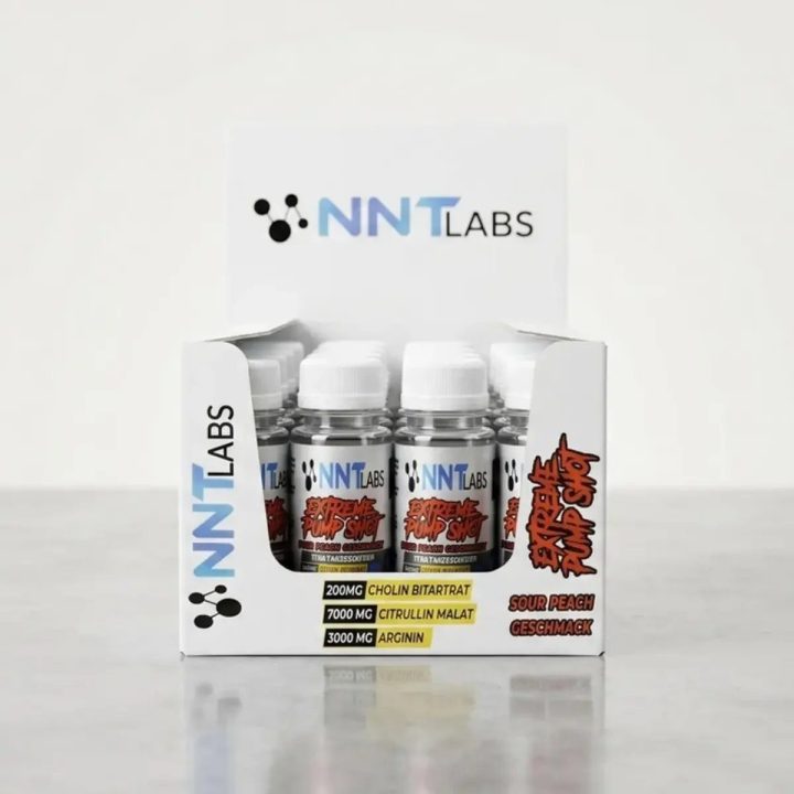 Treniruočių booster NNT Labs Extreme Pump Shot 20 × 60 ml, rūgščių persikų skonio