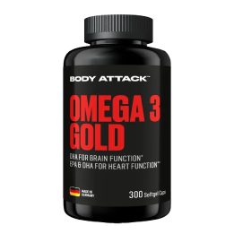 Omega-3 žuvų taukų kapsulės Body Attack Gold 300 minkštųjų kapsulių