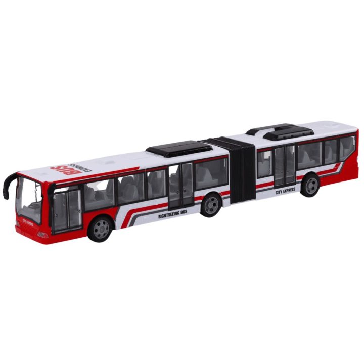 Nuotoliniu būdu valdomas raudonas ir baltas žaislinis miesto autobusas