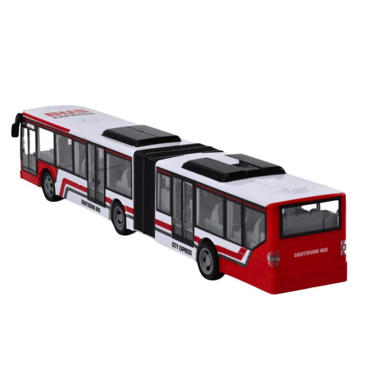 Nuotoliniu būdu valdomas raudonas ir baltas žaislinis miesto autobusas