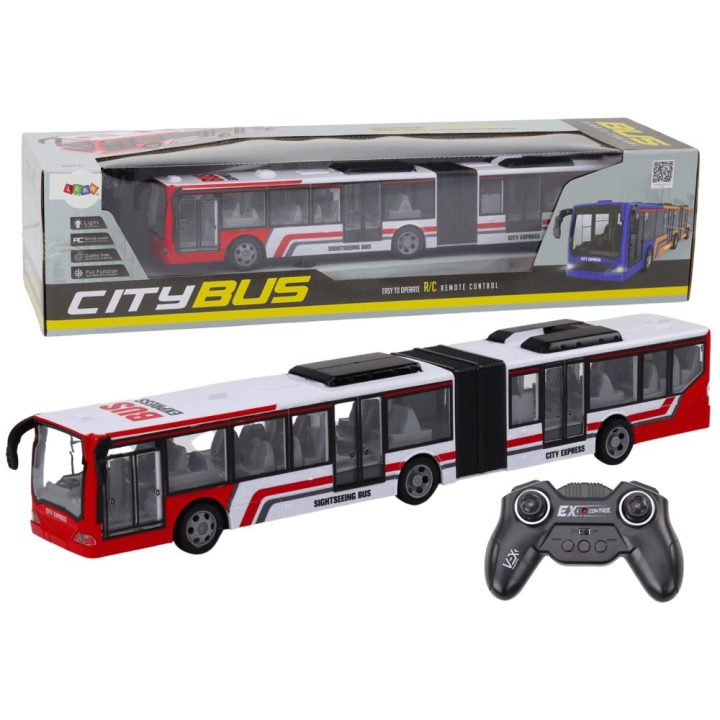 Nuotoliniu būdu valdomas raudonas ir baltas žaislinis miesto autobusas