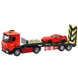 Raudonas žaislinis techninės pagalbos sunkvežimis su transportuojamu automobiliu, 1:16
