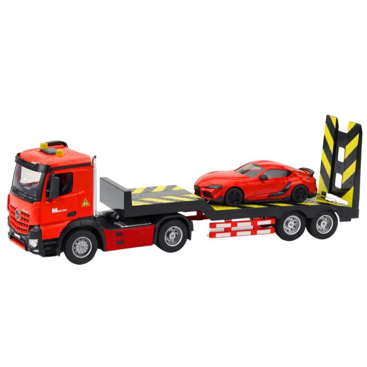 Raudonas žaislinis techninės pagalbos sunkvežimis su transportuojamu automobiliu, 1:16