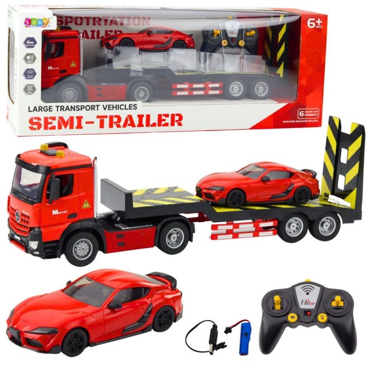 Raudonas žaislinis techninės pagalbos sunkvežimis su transportuojamu automobiliu, 1:16