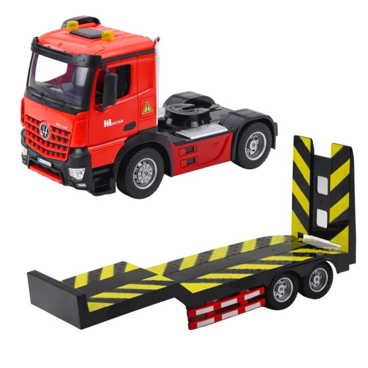 Raudonas žaislinis techninės pagalbos sunkvežimis su transportuojamu automobiliu, 1:16