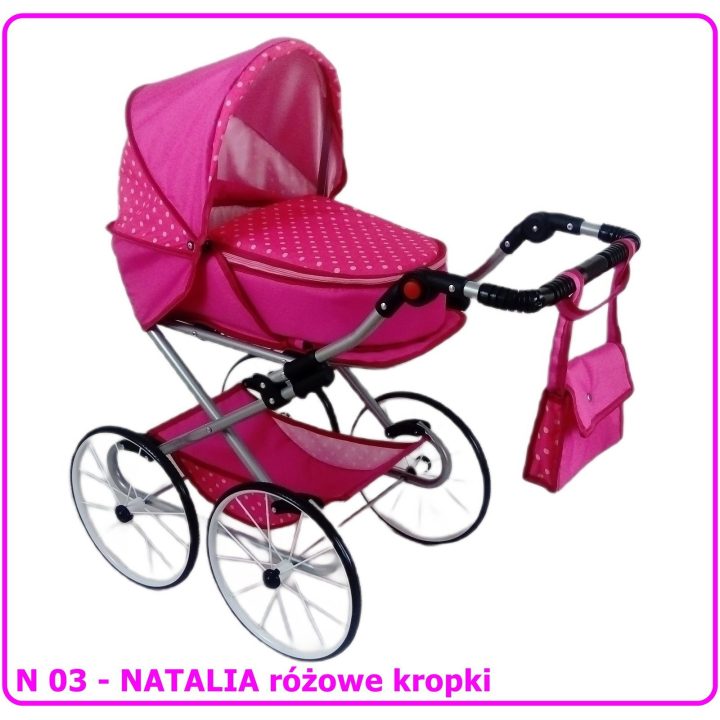 Lėlių vežimėlis NATALIA RETRO N03, rožiniai taškeliai