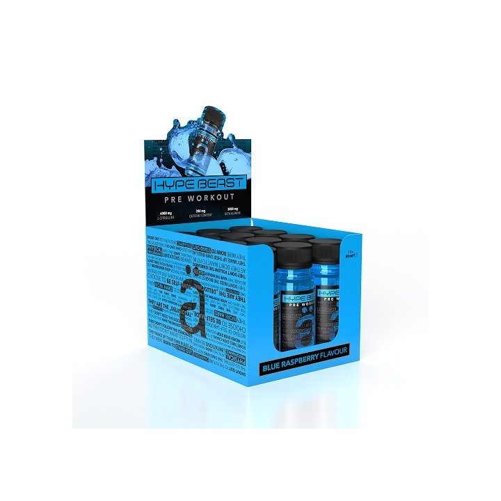 Treniruočių booster shot Nanosupps Hype Beast 12 × 60 ml, mėlynių aviečių skonio