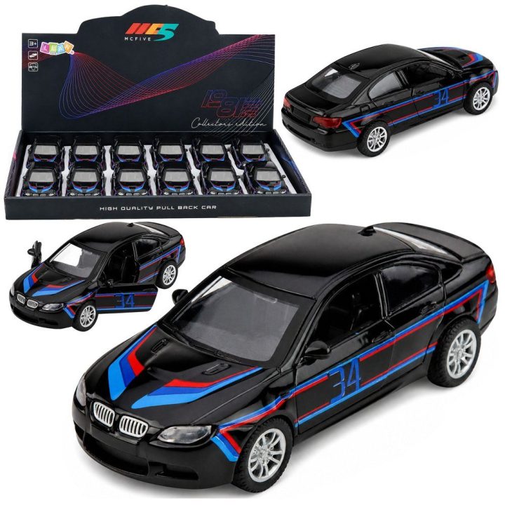Juodas metalinis žaislinis sportinis automobilis 1:32 su atidaromomis durimis