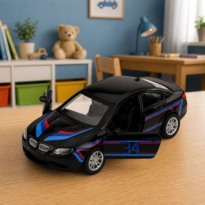 Juodas metalinis žaislinis sportinis automobilis 1:32 su atidaromomis durimis