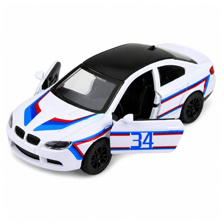 Baltas metalinis žaislinis sportinis automobilis 1:32 su atidaromomis durimis