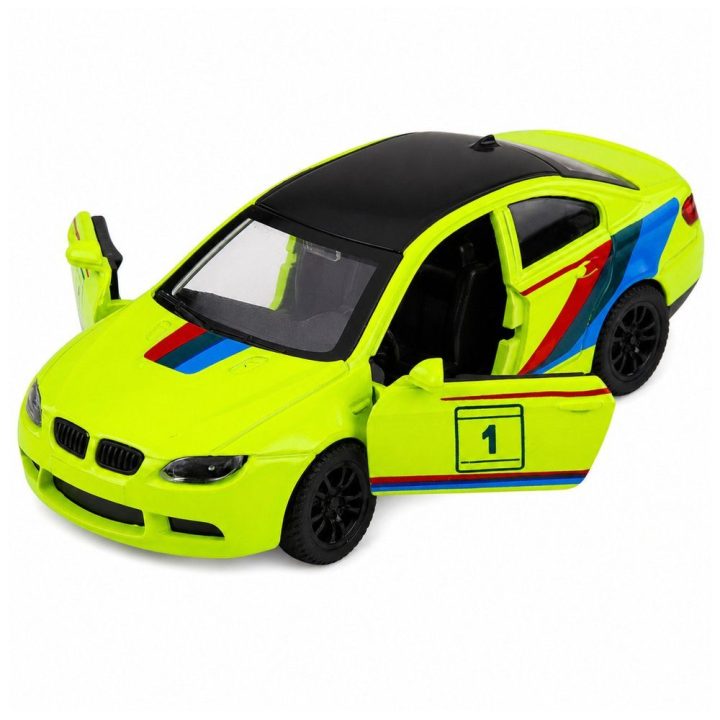 Geltonas metalinis sportinis automobilis su atsidarančiomis durimis, 1:32
