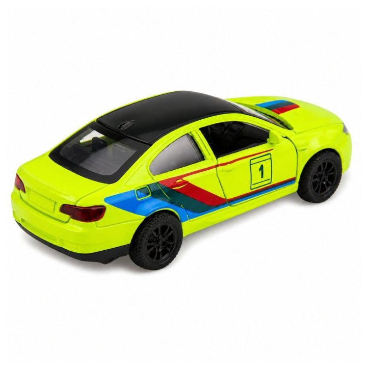 Geltonas metalinis sportinis automobilis su atsidarančiomis durimis, 1:32