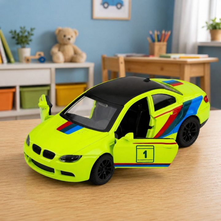 Geltonas metalinis sportinis automobilis su atsidarančiomis durimis, 1:32