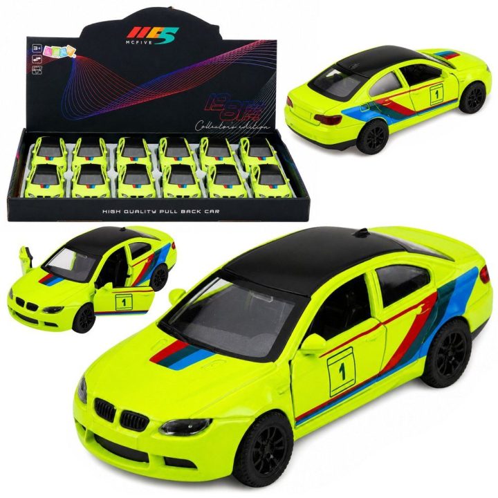 Geltonas metalinis sportinis automobilis su atsidarančiomis durimis, 1:32