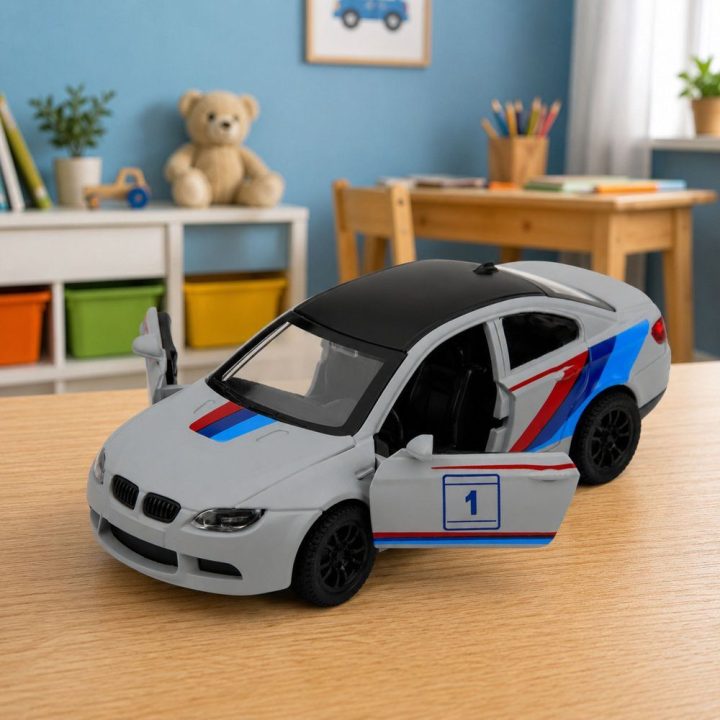 Žaislinis metalinis sportinis automobilis su atsidarančiomis durimis, 1:32, pilkas