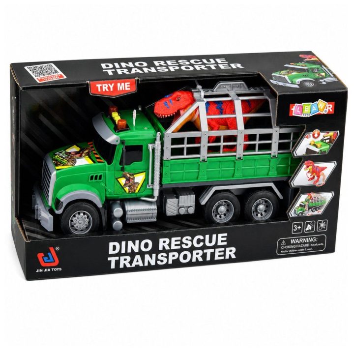 Žalias žaislinis dinozaurų transporteris su šviesomis ir garsais