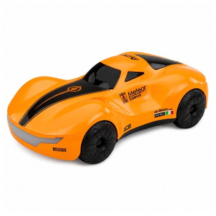 Oranžinis nuotoliniu būdu valdomas RC automobilis su šviesomis ir dūmų efektu