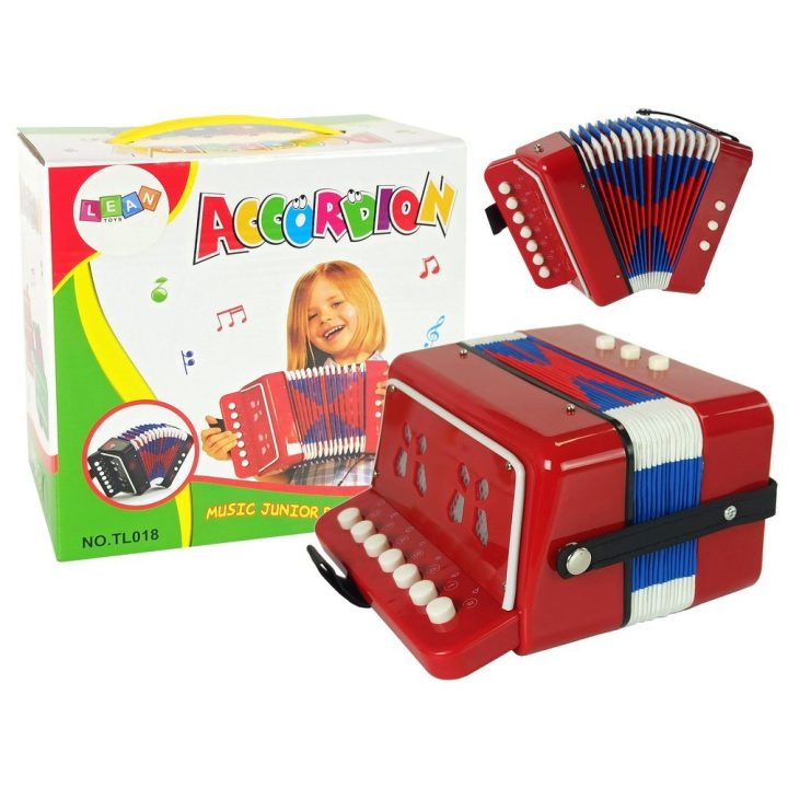 Raudonas žaislinis akordeonas mažiesiems muzikantams