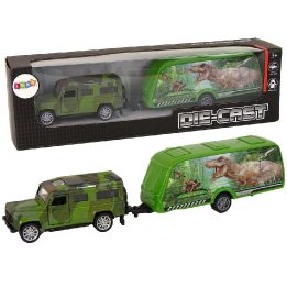 Žalias žaislinis džipas su dinozaurų priekaba