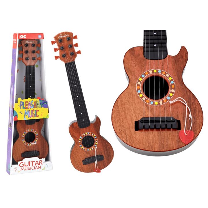 Vaikiška medinė žaislinė gitara su metalinėmis stygomis, ruda