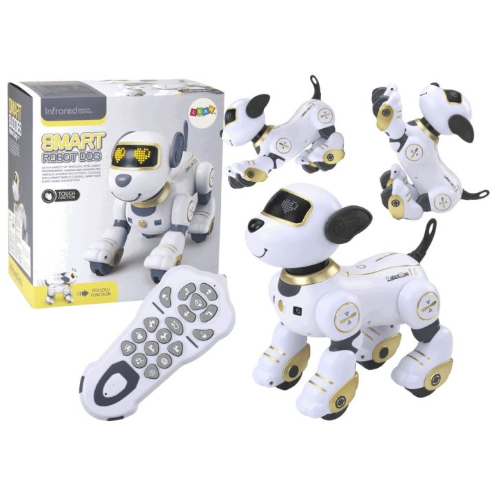 Interaktyvus robotas šuo su nuotolinio valdymo pultu, auksinis