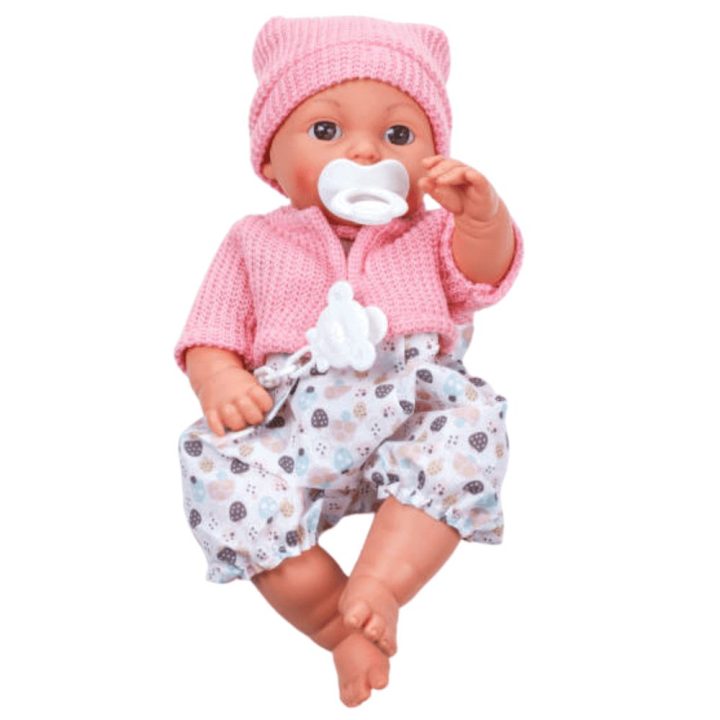 Lėlė kūdikis su megztuku, kepure, čiulptuku ir garsais, 30 cm