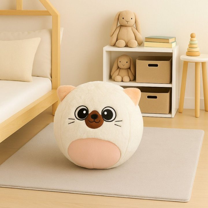 Baltas minkštas šokinėjantis kačiukas su pompa, 50 cm